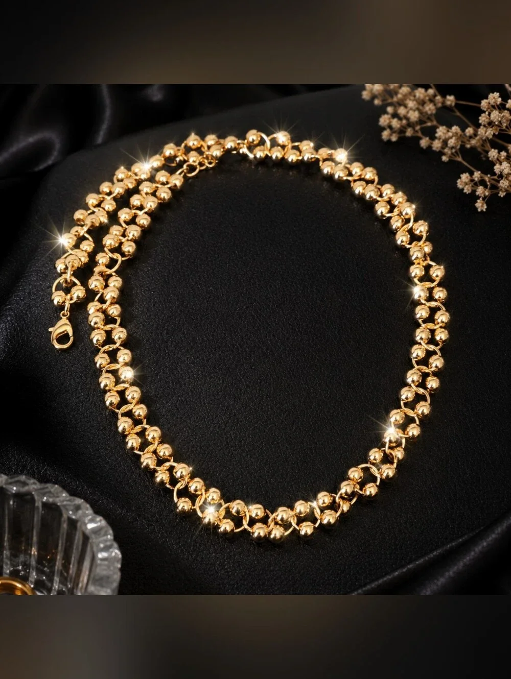Fashion Designer Boutique Jewelry Gold Beaded Statement Necklace Stainless Steel